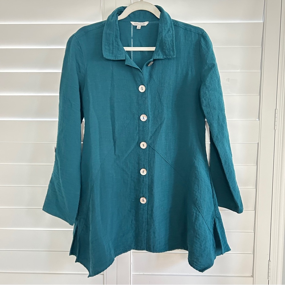 John Mark Button Down Flared Blouse Top Aqua Blue Size Small